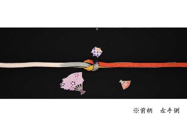 『染名古屋帯』手描友禅　扇子と小物尽し　黒地