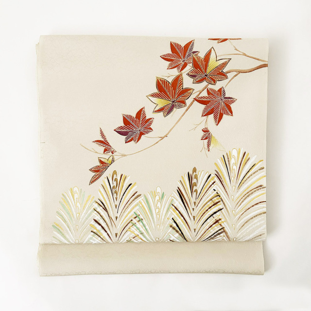 染名古屋帯』手描き友禅 紅葉に若松