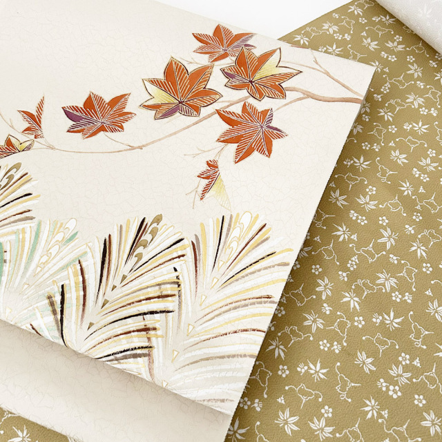 『値下げ交渉可!』京友禅　千總謹製　正絹黒地小紋　紅葉に松葉 染名古屋帯』手描き友禅 紅葉に若松