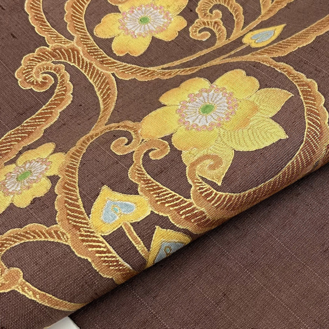 染名古屋帯』 茶地 金彩更紗柄