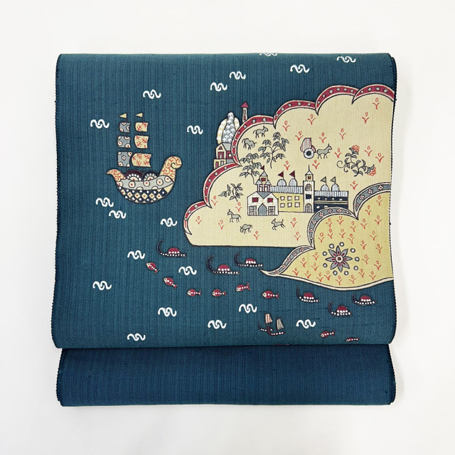 染名古屋帯』手描き更紗 南蛮船